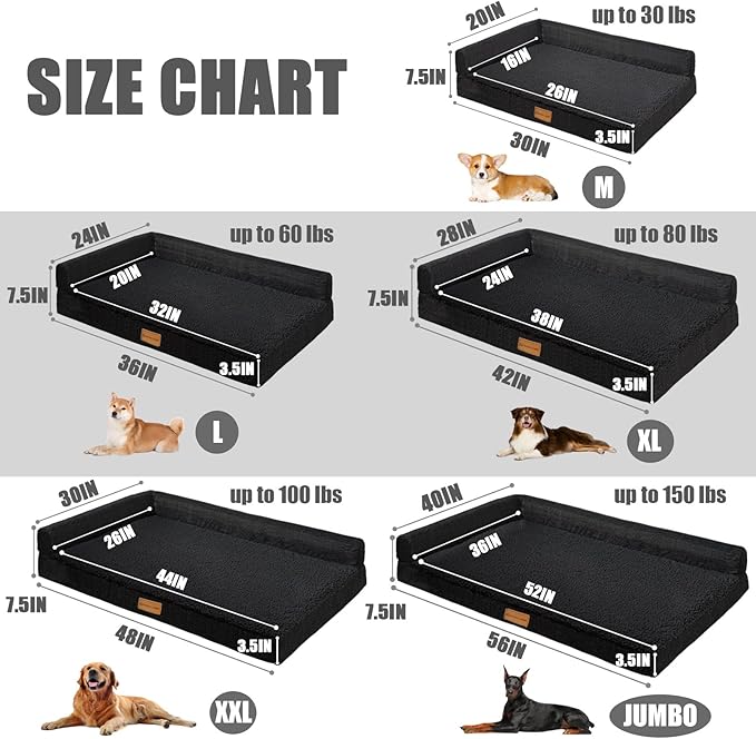 Patas Lague Orthopedic Dog Bed Medium Size Dog 30''X20'', Waterproof L Bolster Medium Pet Sofa Beds with Removable Washable Cover, Soft Pet Couch Crate Mat with Nonskid Bottom, Black