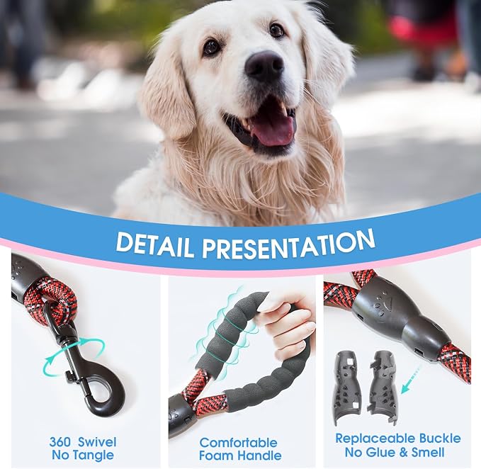 BAAPET 2/4/5/6 FT Dog Leash with Comfortable Padded Handle and Highly Reflective Threads for Small Medium and Large Dogs (5FT-1/2'', Black Red)