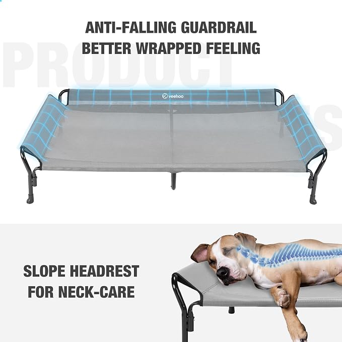 Veehoo Cooling Elevated Dog Bed, Guardrail Raised Pet Cot, Indoor & Outdoor XXL Pet Bed with Washable & Breathable Teslin Mesh, Non-Slip Feet, Dog Couch Bed, 62.5" x 37", Grey