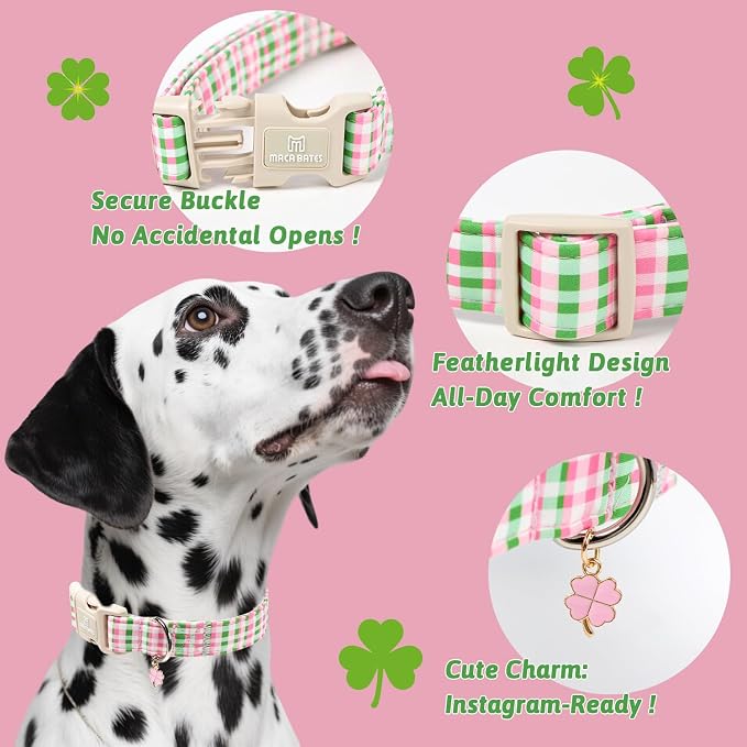 Maca Bates Pastel Plaid Dog Collar with Clover Charm,Pink and Green Gingham Pattern for Small Girl Boy Dogs,Adjustable Durable Soft Checkered Collars Spring Gift for Male Female Puppy