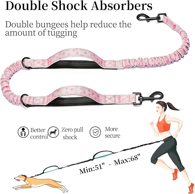 iYoShop Hands Free Dog Leash with Zipper Pouch, Dual Padded Handles and Durable Bungee for Walking, Jogging and Running Your Dog (Pink Heart, Large)