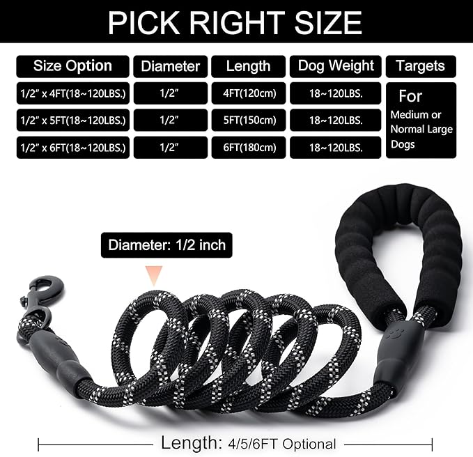 2 Pack Dog Leash, 4/5//6 FT Heavy Duty Nylon Rope Pet Leashes with Comfortable Padded Handle, Reflective Dog Leashes for Small Medium and Large Dogs (6FT-1/2,Black/Red)