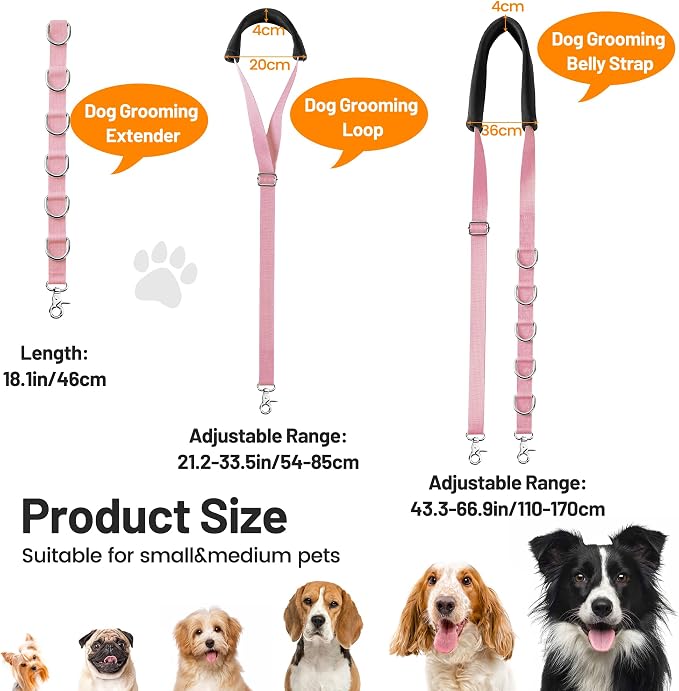 Dog Grooming Belly Strap - Dog Grooming Table Arm Extender with Clamp Extension Loop Bathing Restraint Leash No Sit Haunch Holder for Small & Medium Dogs Hair Cutting Washing (Pink)