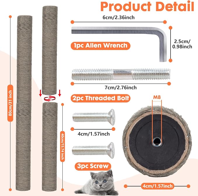 PowerKing Natural Sisal Replacement Scratching Post, 15.7'' 2 Pieces M8 Cat Scratch Post Refill Pole Parts for Refurbishment, Include Screws (Grey)