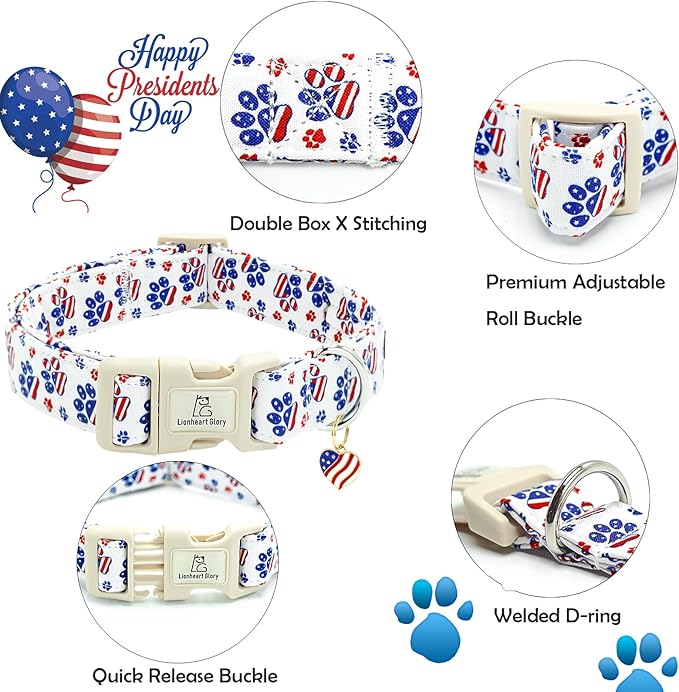 Lionheart glory American Flag Dog Collar, 4 of July Patriotic Independence Day Dog Collar Heavy Duty Adjustable Dog Collars for Small Dogs Pet Gift Summer Collars Dog Cute Collars