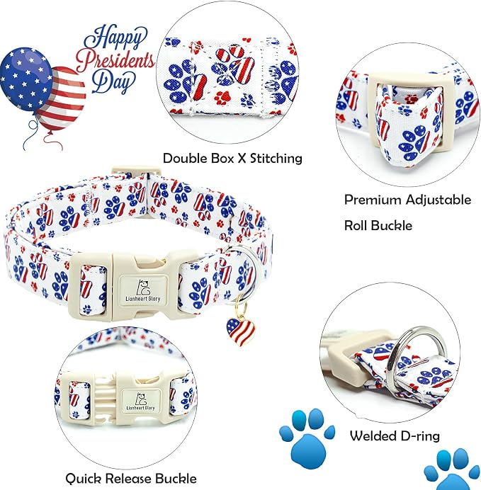 Lionheart glory American Flag Dog Collar, 4 of July Patriotic Independence Day Dog Collar Heavy Duty Adjustable Dog Collars for Small Dogs Pet Gift Summer Collars Dog Cute Collars