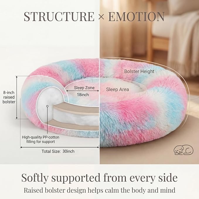 Calming Dog Bed for Medium Dogs Washable Donut 30 inches Anti-Slip Pet Bed,Round Fluffy Plush Faux Fur Cat Bed,Fits up to 45 lbs Pets,Multi Colored