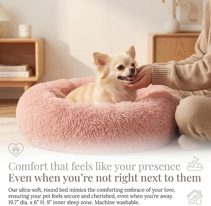Calming Donut Dogs Beds for Small Dogs Washable,19inch Fluffy Round Puppy Bed for Puppies,Cats & Toy Breeds with Raised Rim,Fits up to 15 lbs Pets,Pink