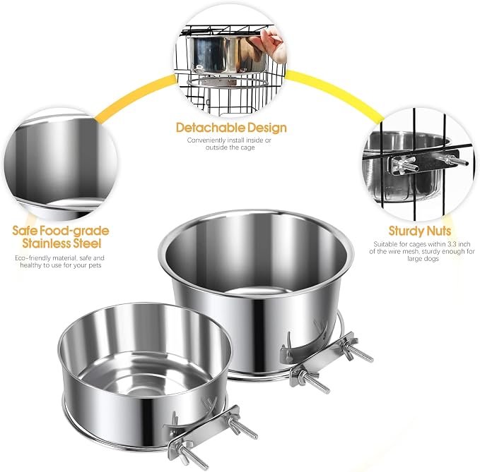 2 Pcs Large Pet Dog Food Water Bowl for Cage Stainless Steel Non-Spill Kennel Hanging Cats Bowls with Clamp Holder Crate Feeder Dish for Medium Large Dogs Huge Pets (7.1x3.5'' & 6.3x2.6'')