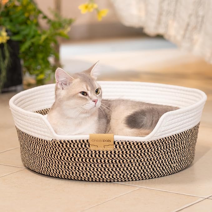 CHEERHOME PETS Cat Bed Basket with Cushion, Cotton Rope Woven Pet Bed for Indoor Cats Couch, Stimulicat Cat Bed Handwoven Breathable, All Season Universal (Brown)