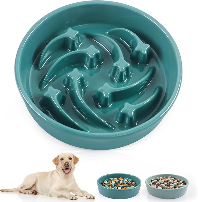 Ceramic Slow Feeder Dog Bowls, 2 Cups Dog Food Dish for Medium and Large Breed, Puzzle Dog Food Bowl for Fast Eater, 28OZ, 8.15 inch(Dark Green)
