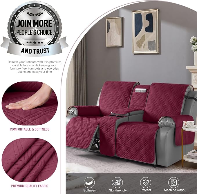 TAOCOCO Waterproof Loveseat Recliner Cover with Console, Non-Slip Reclining Loveseat with Console Cover with Pocket, Split Recliner Sofa Covers Furniture Protector for Pets Dogs(2 Seater, Wine)