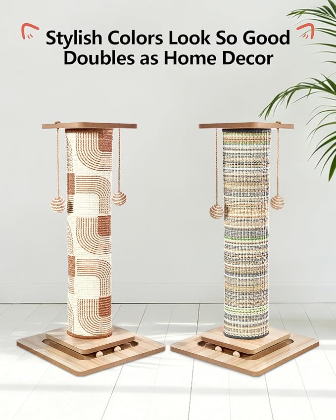 31" Extra Tall Cat Scratching Post, Natural Sisal Cat Scratcher for Indoor Cats Adults & Large Cats, Sturdy Wood Cat Tree Tower with Interactive Ball Track & Top Perch, Modern Design for Home Decor
