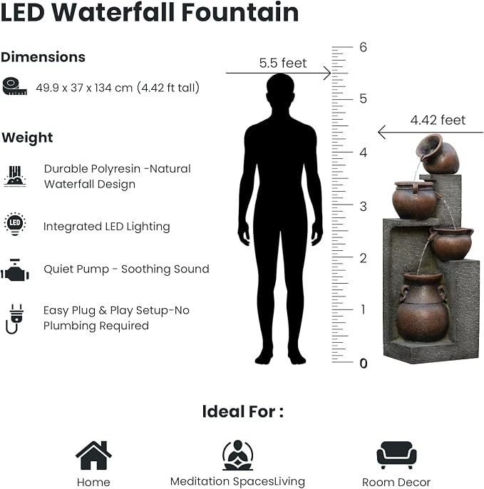 Resin Outdoor Water Fountain 4-Tier Jar Waterfall - Quiet Pump, LED Lights, Rustic Jar Cascading Water Feature for Garden Patio Backyard Decor, 53" H Fountain, Grey