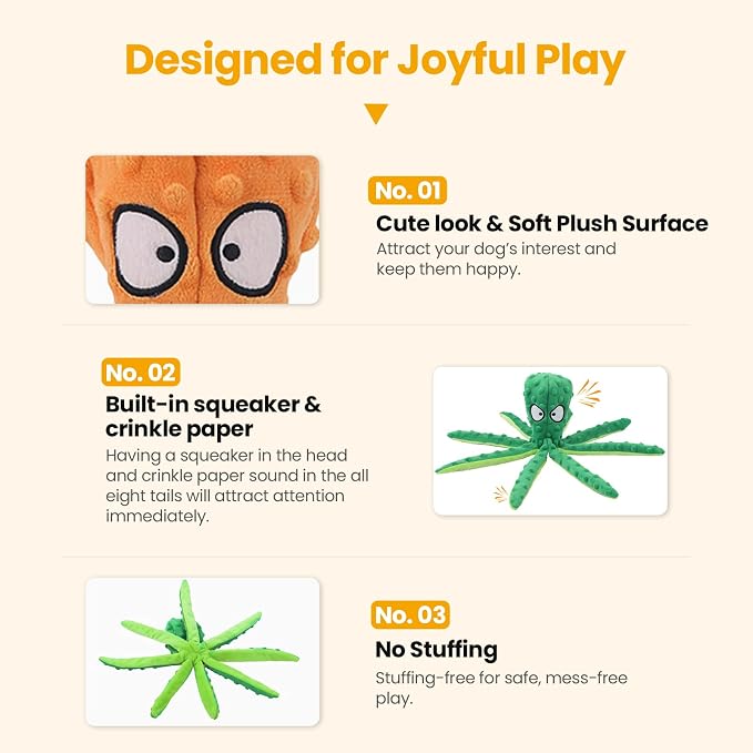 HGB Squeaky Dog Toys - 2 Pack No Stuffing Octopus Crinkle Plush Chew Toys for Puppies Small Medium Large Dogs, Interactive Tug Toys to Keep Dogs Busy