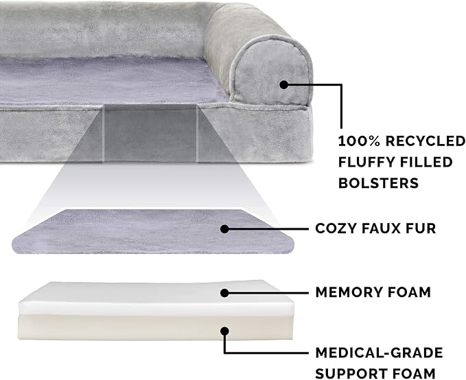 Furhaven Memory Foam Dog Bed for Large Dogs w/ Removable Bolsters & Washable Cover, For Dogs Up to 125 lbs - Faux Fur & Velvet Sofa - Smoke Gray, Jumbo Plus/XXL