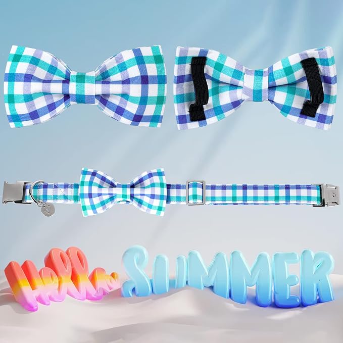 Dog Collar Bow Tie, Comfortable Durable Cotton Bowtie Collar for Large Dogs, Adorable Dog Collar with Metal Buckle, Blue Grid, L, Neck 16-24in