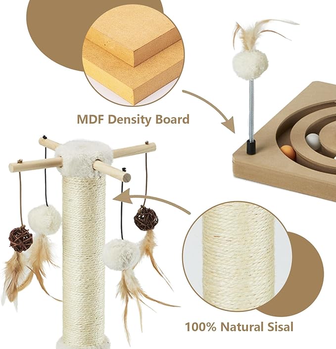 PEEKAB Cat Scratching Post Sisal Scratch Posts for Indoor Cats and Kittens,30 Inches Tall with Tracking Ball Interactive Toys and Hanging Balls Beige