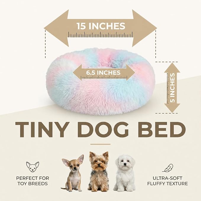 Tiny Dog Bed 15 Inch for Extra Small Dogs,Washable Puppy Bed,Soft Faux Fur Calming Donut Bed for Chihuahua Yorkie Maltese Pomeranian,Rainbow