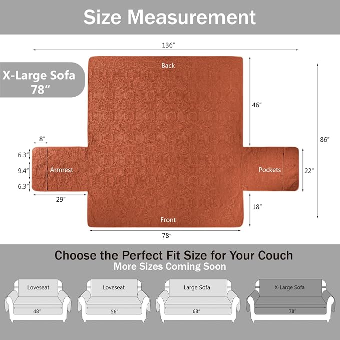 Soft Quilted Couch Cover with Pockets for Extra-Large Sofa, Anti-Slip Sofa Covers Washable for 3 Cushion Pet Friendly, Oversized Sofa Cover Water-Repellent (X-Large Sofa 78", Burnt Orange)