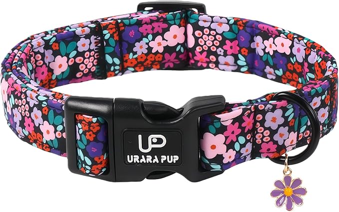 Floral Dog Collar, UP URARA PUP Colorful Floral Adjustable Pet Collar with Flower Charm, Daily Dog Accessories for Small Medium Large Dogs