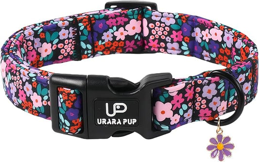 Floral Dog Collar, UP URARA PUP Colorful Floral Adjustable Pet Collar with Flower Charm, Daily Dog Accessories for Small Medium Large Dogs