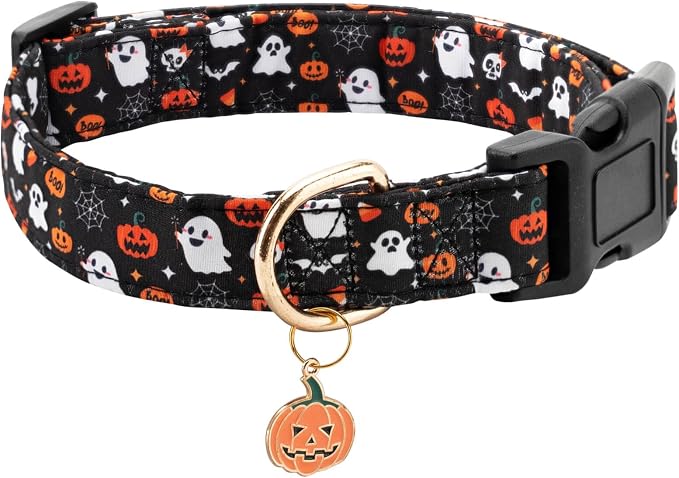 Fall Dog Collar,Soft and Cute Halloween Collars with Pumpkin Patterned Design for Girl Female Boy Dogs,Adjustable Buckle Puppy Collar for Small Medium Large Dogs (Black Pumpkin, L)