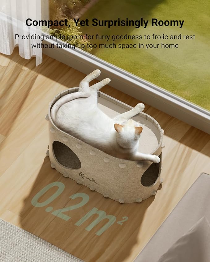 DownyPaws Cat House for Indoor Cats, Cat Bed Cave for Multiple & Large Cats Up to 22 Lbs, Scratch Resistant, Foldable Peekaboo Kitten Caves Tunnel Enclosed Bed, PeekaPurr, Cream