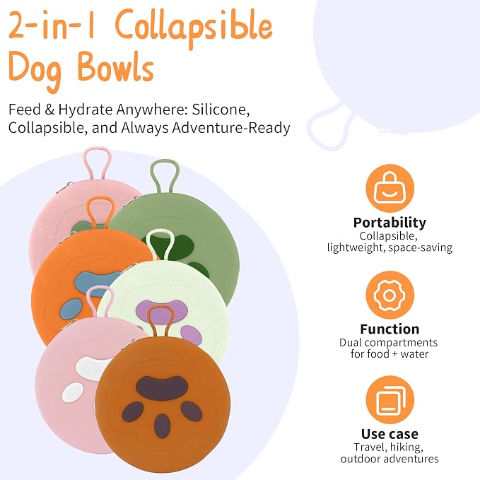 Collapsible Dog Bowls, 2-in-1 Travel Double Bowl Water Food Feeder Portable Pet Traveling Camping & Walking 25oz (Blue Orange)
