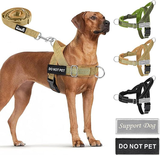 SlowTon No Pull Dog Harness - Heavy Duty Dog Harness and Leash Set for Medium Large Dogs, Reflective Tactical Harness with Soft Padded and Front Clip for Easy Walk and Training (Tan, S)