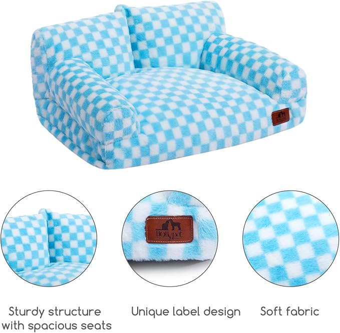 Hollypet Fluffy Dog Cat Bed Pet Couch Beds Plush Soft Warming Washable Puppy Bed for Small Medium Dogs and Large Cats, Blue and White, 24" L x 18" W x 10" Th