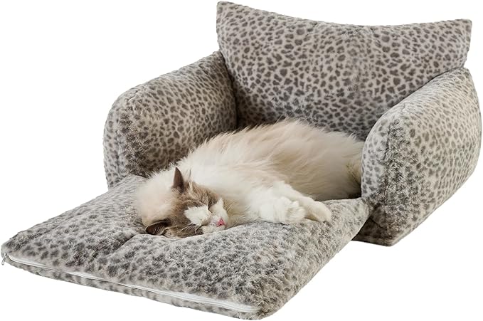Hollypet Cat Bed Fluffy Plush Multifunctional Double-Layer Machine Washable Soft Warming Kitty Pet Couch Orthopedic Nest Beds for Small Cats Kitten and Dogs up to 13lbs, Snow Leopard(25x20x13 inch)