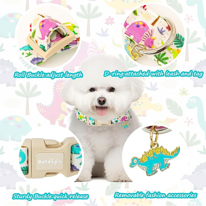 Dog Collars for Extra Small Dogs, Adiustable Cotton Puppy Collar with Dinosaur Pattern, Cute Boy Dog Collars Small Dog Collar for Male Dogs, Ideal, Pet Accessory ﻿