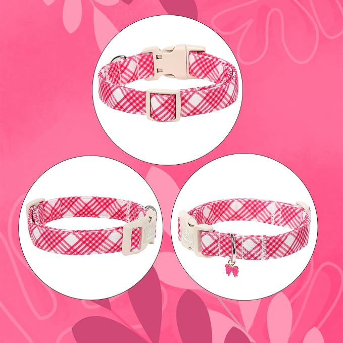 Girl Dog Collar, Bright Pink Glen Check Dog Collars for Large Dogs - Cute Spring Summer Plaid Pup Collar, Soft Adjustable Female Dog Collars with Quick Release Buckle L