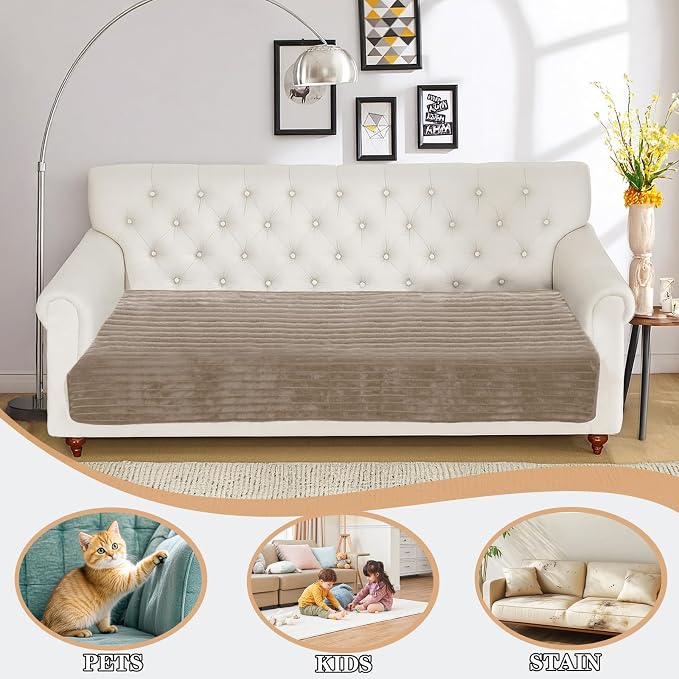 NAISI Couch Covers for Dogs Waterproof Flannel Striped Sofa Cover Pet Friendly Washable Dog Mat for Couch Anti Slip Sectional Sofa Slipcover Protector(1pc/35"x 82",Khaki)