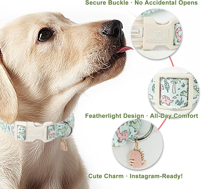 Maca Bates Spring Green Cute Dinosaur Basic Dog Collar for Large Boy Girl Dogs,Durable Soft Adjustable Collars Gift for Male Female Puppy Pet with Safety White Buckle