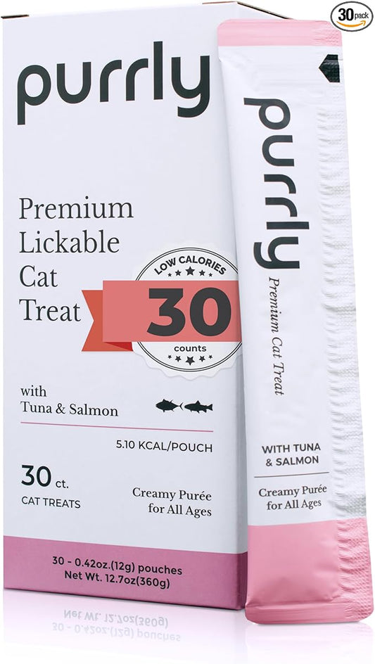 Purrly Squeezable Cat Treats Wet Healthy Interactive Hydrating Human-Grade Tuna & Salmon with Omega-3 & 6 for Skin & Coat (30 Count) Lickable Creamy Puree Topper Wild-Caught No-Artificial-Additives