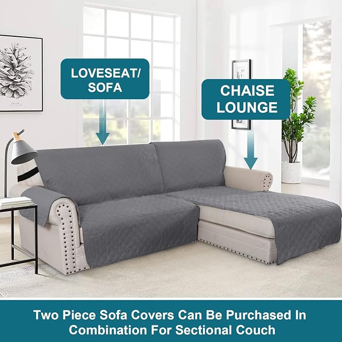 Turquoize 100% Waterproof Sofa Covers Chaise Lounge L Shape Sofa Protector Slip Cover Triple Non-Slip Sofa Slipcover for Sectional Couch Cover for Pets, Kids (Chaise, Gray)