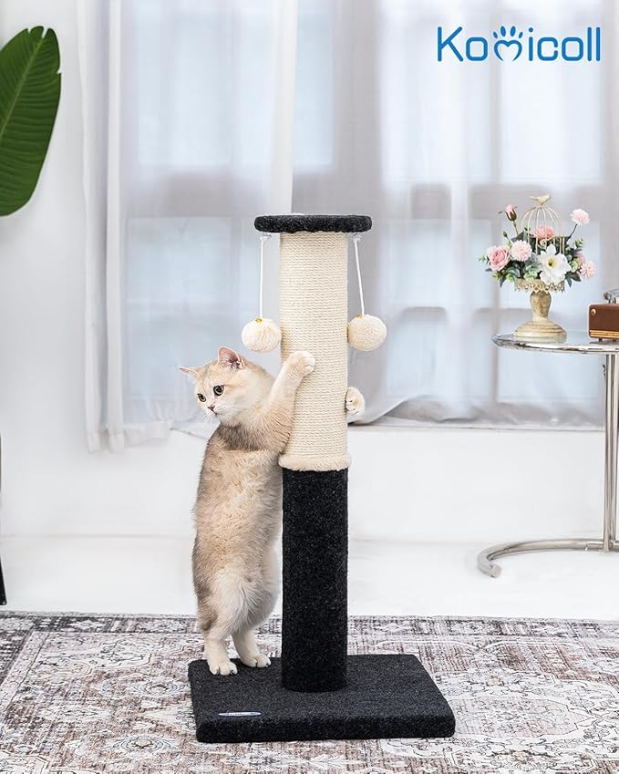 34-Inch Tall Cat Scratching Post, Komicoll Large Scratch Post, Sisal Cat Scratcher, Sturdy and Durable Cat Post with Hanging Ball for Indoor Cats