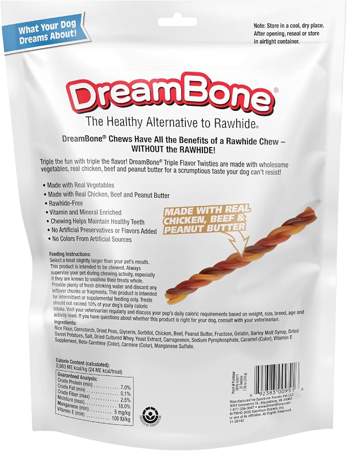 DreamBone Triple Flavor Twisties Dog Treats, Daily Rawhide-Free Chew, Digests Safely, with Real Protein, Chicken, Beef, Peanut Butter and Veggies, 25 Count