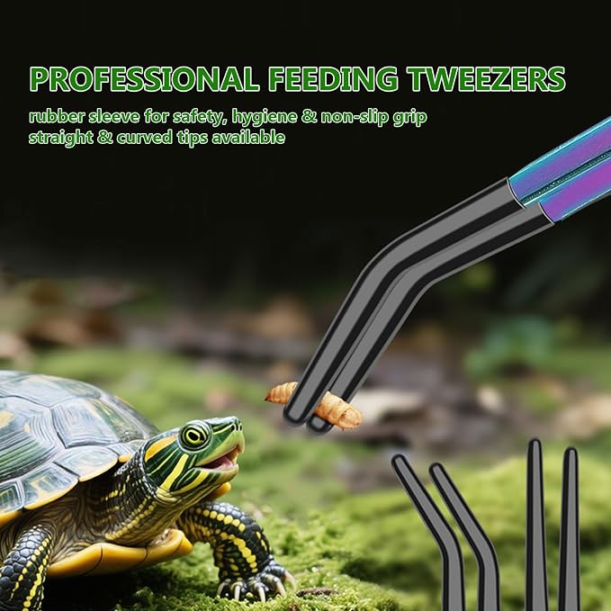 3 PACK Stainless Steel Reptile Feeding Tongs,10.62" Straight &Curved Long Feeding Tweezers&Bowl Set,Non Slip Feeding Tools with Rubber Tip,Bearded Dragon Tank Accessories (A-colorful)