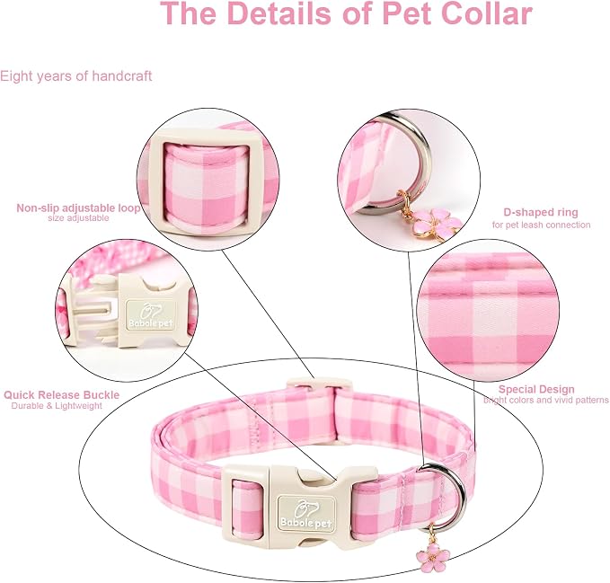 Girl Dog Collar Pink Gingham Dog Collars for Small Dogs - Lightweight Adjustable Spring/Summer Plaid Male Female Dogs Everyday Collar with Safety Buckle S