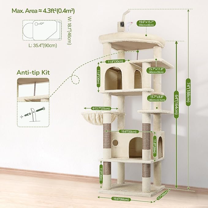 Globlazer 74in Cat Tree for Indoor Cats Large Adult, Heavy Duty Cat Tower with 5 Sisal Scratching Posts, 2 Caves, Oversized Top Perch, Hanging Basket, F74B, Beige