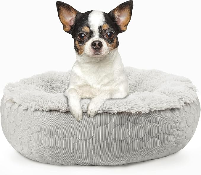 Hachikitty Dog Donut Round Calming Bed, Fluffy Bed for Medium Large Dogs, Double Sided with Warm & Cool Sides (24"x24"x7", Grey)