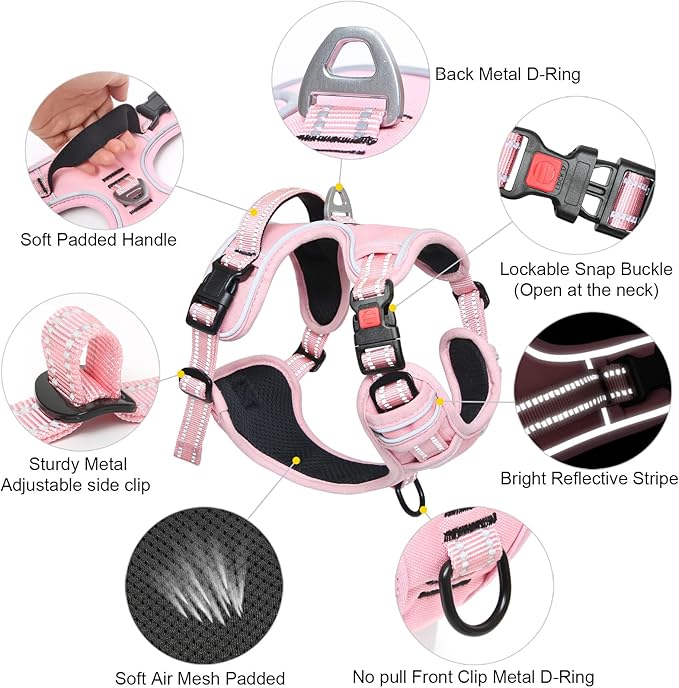 Timos Dog Harness Medium Sized, No Pull Pet Harness with Neck Lockable Snap,No Choke Front Clip Dog Reflective Vest,Adjustable Metal Rings 3 Buckles,Easy Control Handle for Medium Dogs Pink M