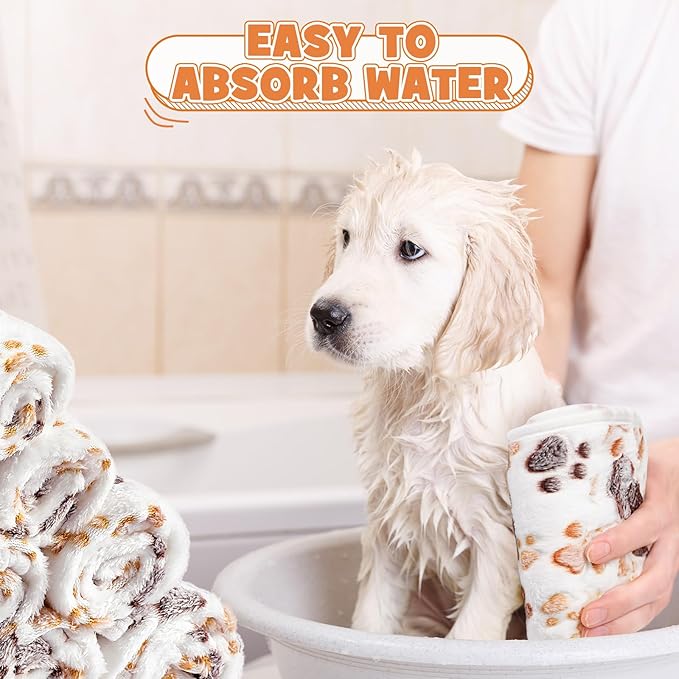 Tegeme 12 Pcs Pet Blankets 30 x 20 Inch Soft Fluffy Fleece Dog Cat Warm Paw Print Pattern Blankets Flannel Throw for Pets Dog Puppy Cat(White)