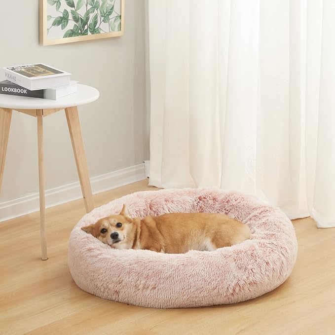 Bedfolks Calming Donut Dog Bed, 30 Inches Round Fluffy Dog Beds for Medium Dogs, Anti-Anxiety Plush Dog Bed, Machine Washable Pet Bed (Pink, Medium)