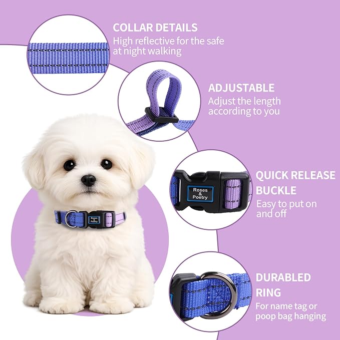 Roses&Poetry Small Dog Collar, Adjustable Reflective Puppy Collars Durable Pet Collars for Small Medium Large Dogs(BluePurple-S)