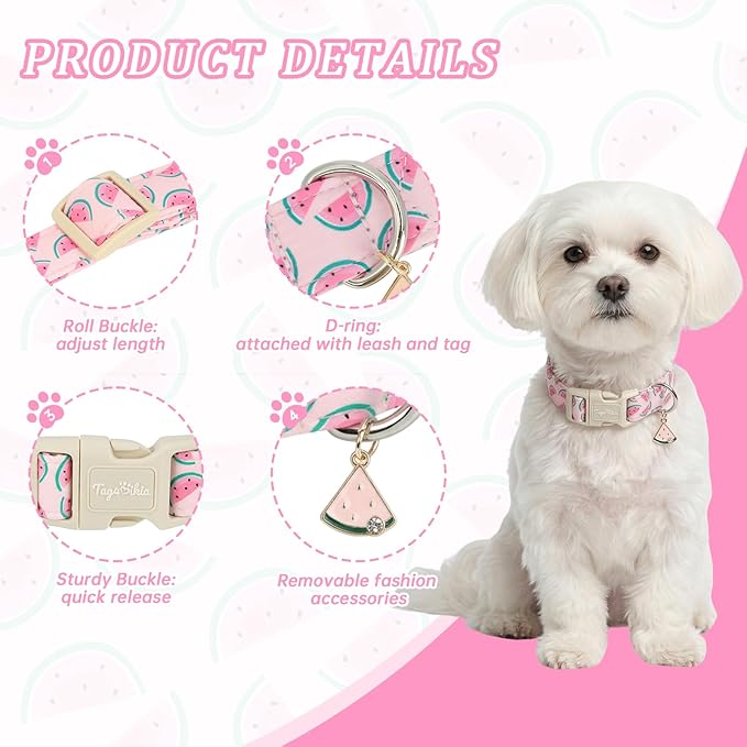 Summer Dog Collar, Cute Pink Dog Collar with Watermelon Pattern, Cotton Adjustable Pet Collars for Small Medium Large Dogs, Gift for Boys Girls Dogs-S