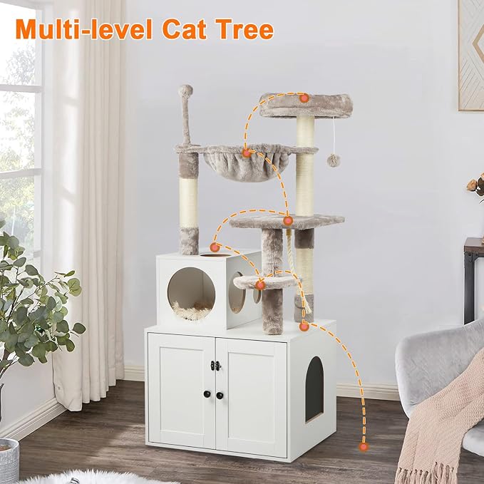 Timberer Cat Tree with Litter Box Enclosure, 2-in-1 Cat Tower for Indoor Cats, Large Wood Cat Condo with Basket, Scratching Posts, Pompoms, White